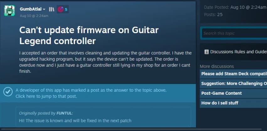 ReStory guitar firmware developer response for the Guitar Legend controller
